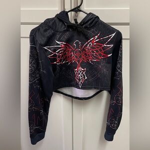 Black Cropped Hoodie with Red Graphic Eagle